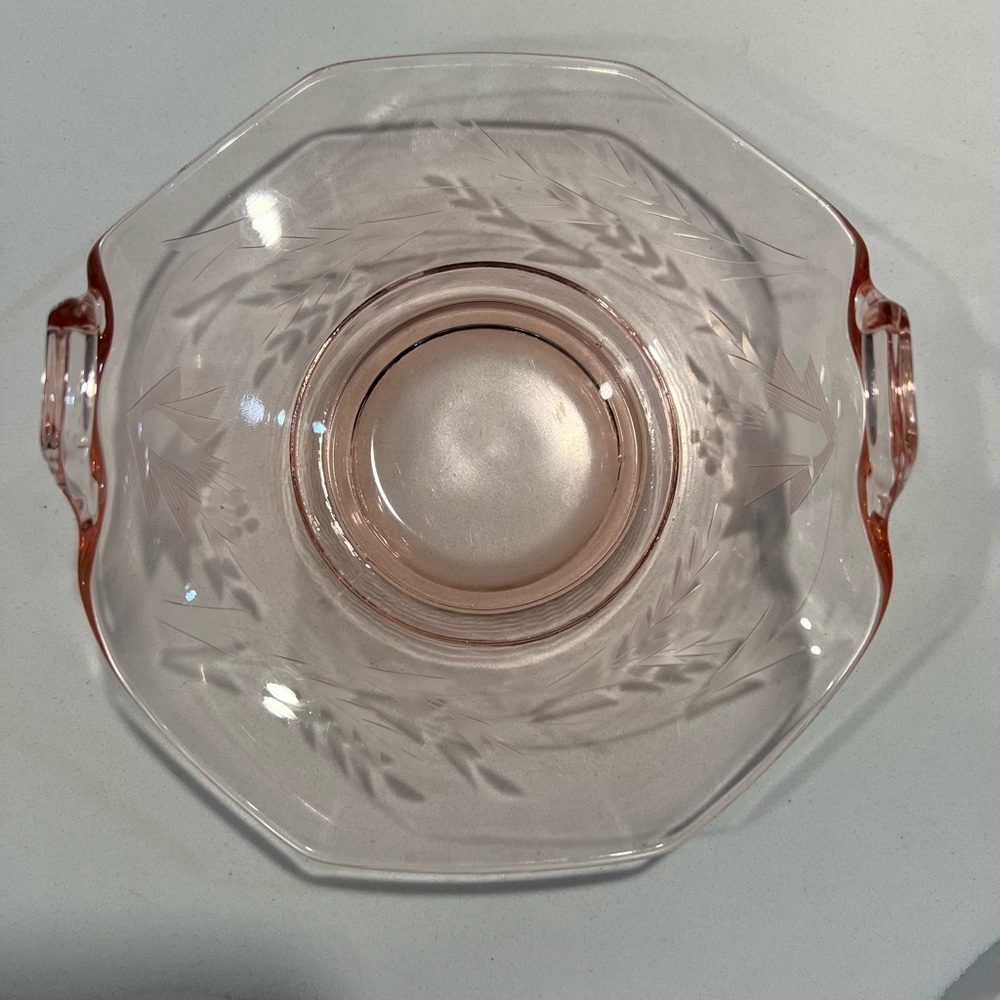 Pink Depression Glass Dish with Etched Floral and Leaves and Scrolled Handles